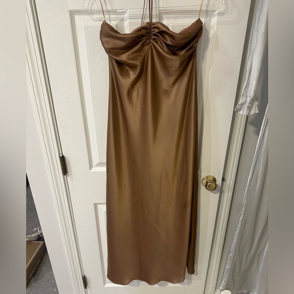 Reformation Valora Satin Brown Midi Strapless Dress